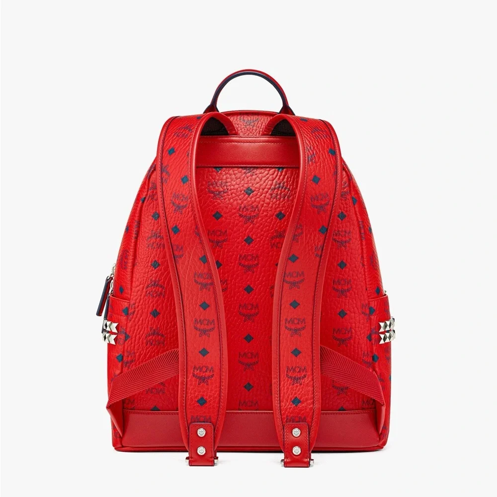 MCM Stark Side Studded Red Visatos Monogram Backpack with Leather Trim - Picture 15 of 16